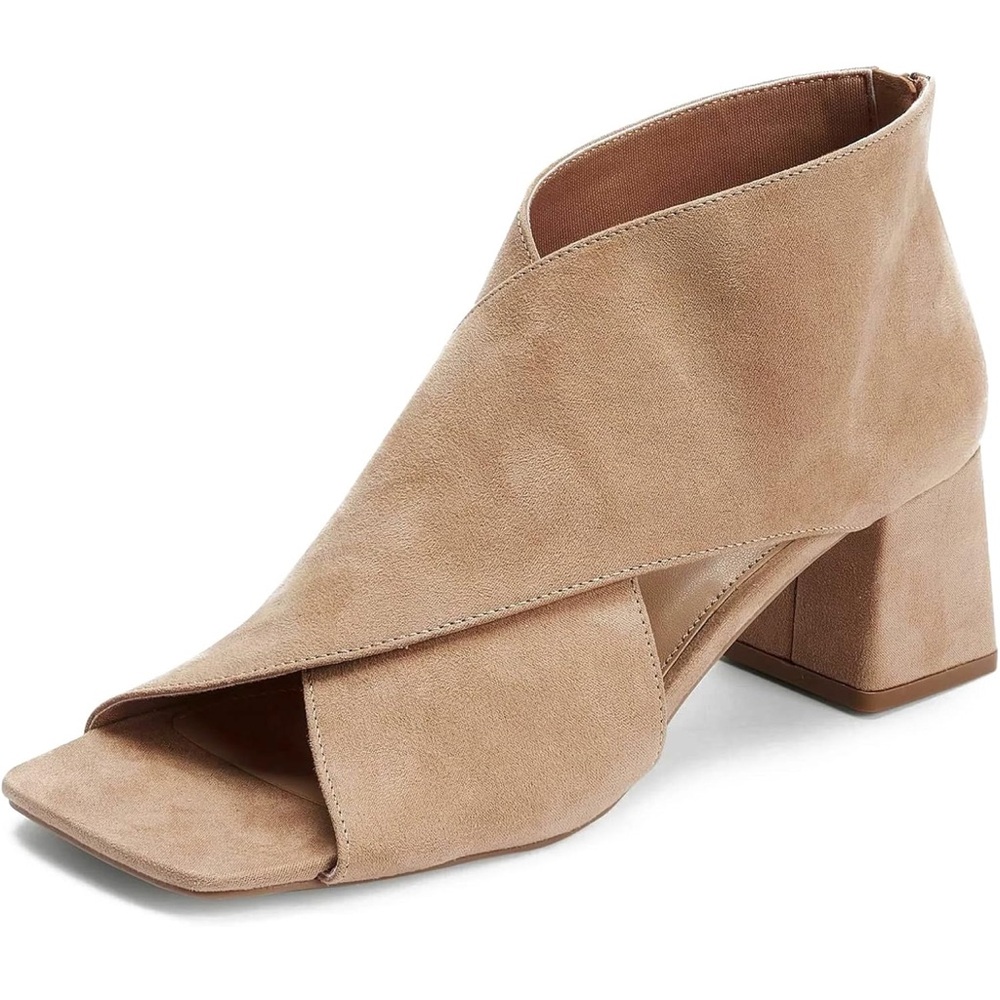 2” Chunky Heel Open Toe Booties Suede Side Cut-Out Ankle Boots Square Peeps